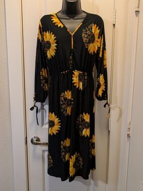 Black Sunflower & Butterfly Summer Stretchy Dress